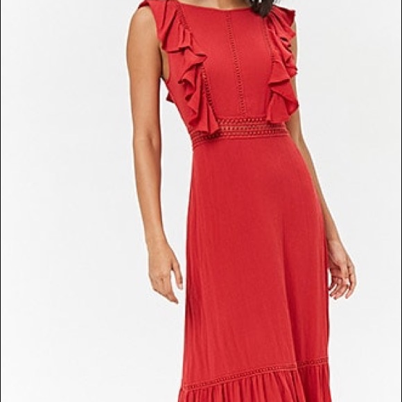 Red Crochet Flounce Backless Maxi Dress - Picture 2 of 5